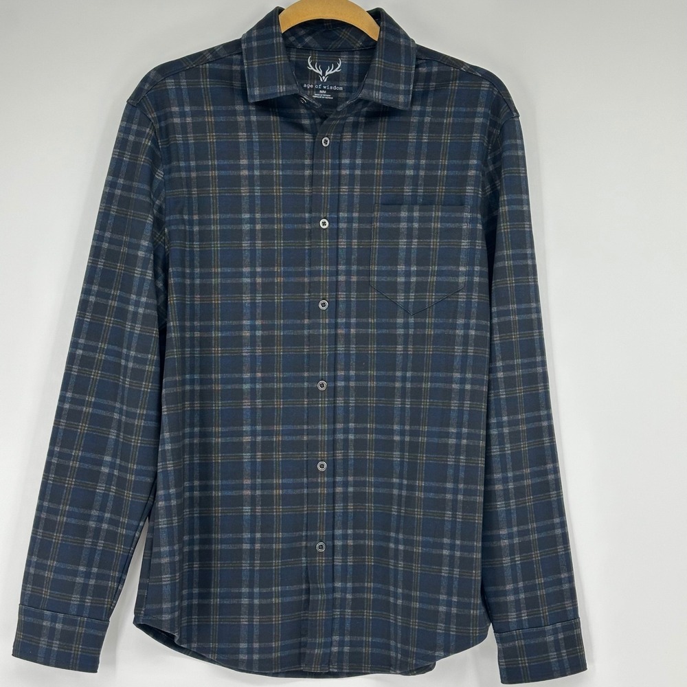 Age‎ of Wisdom Mens Plaid Button Down Shirt Blue Grey Stretch Size Medium
